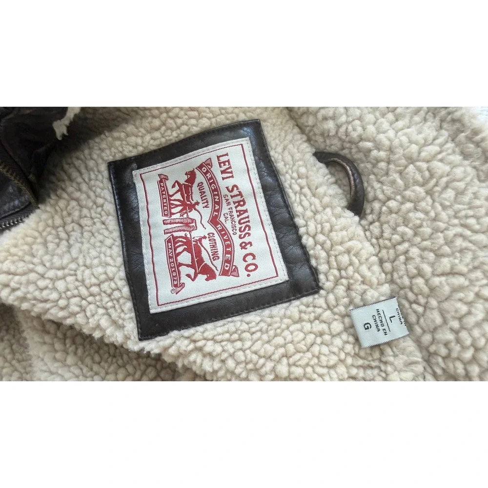 Levis Mens Faux Leather Sherpa Lined Bomber Jacket‎ Dark Brown Military Large